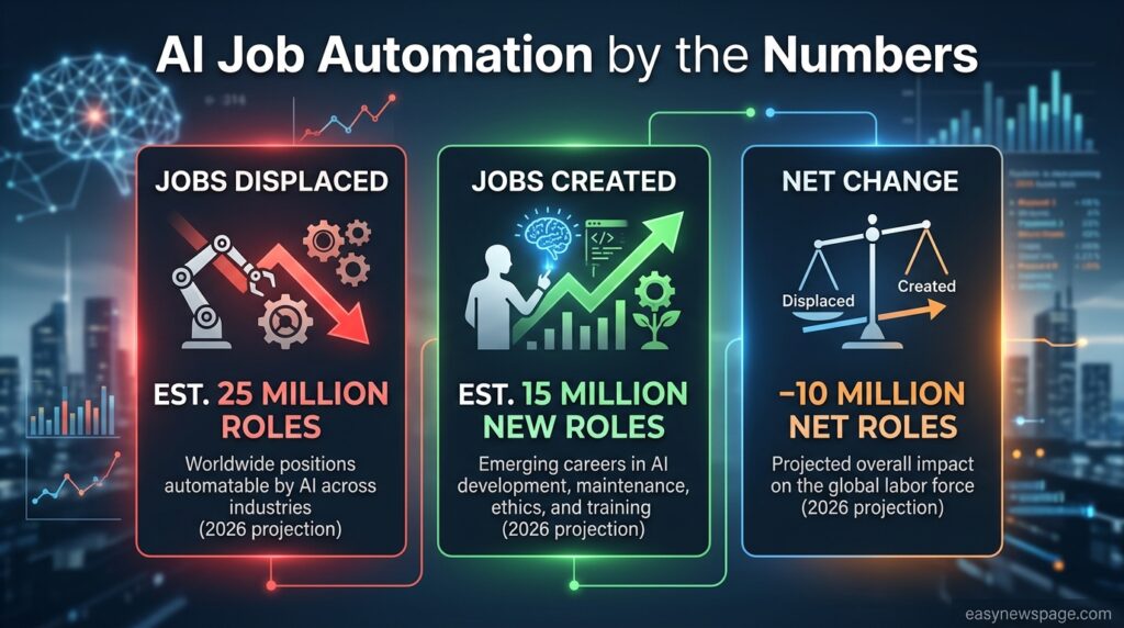 Infographic showing 2026 AI job displacement and creation statistics 