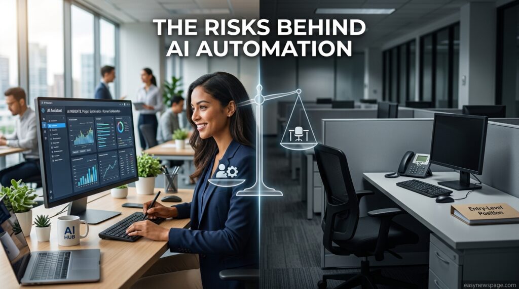 Balance scale concept showing benefits and risks of AI job automation 