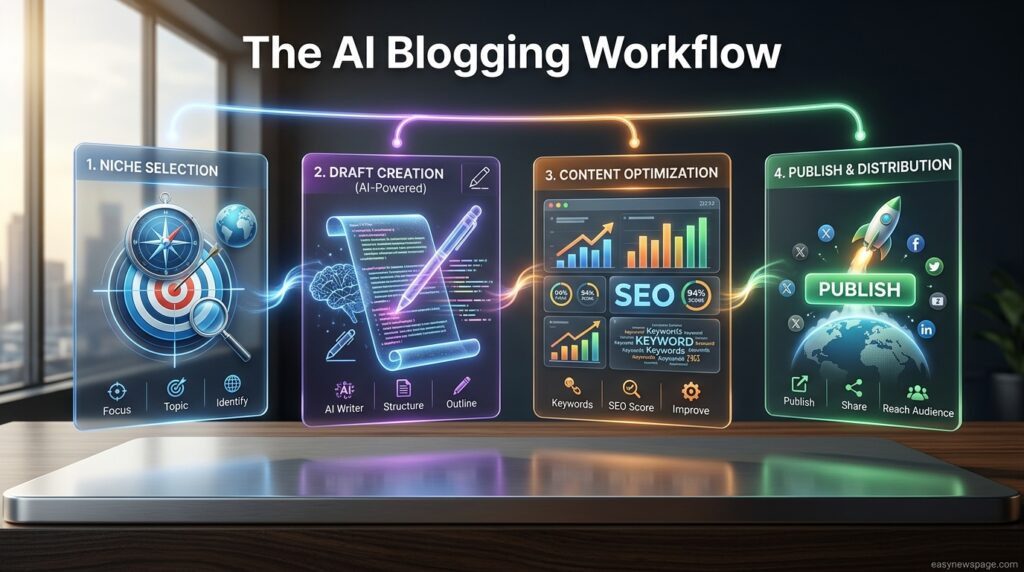 Infographic summarizing the AI blogging workflow steps 