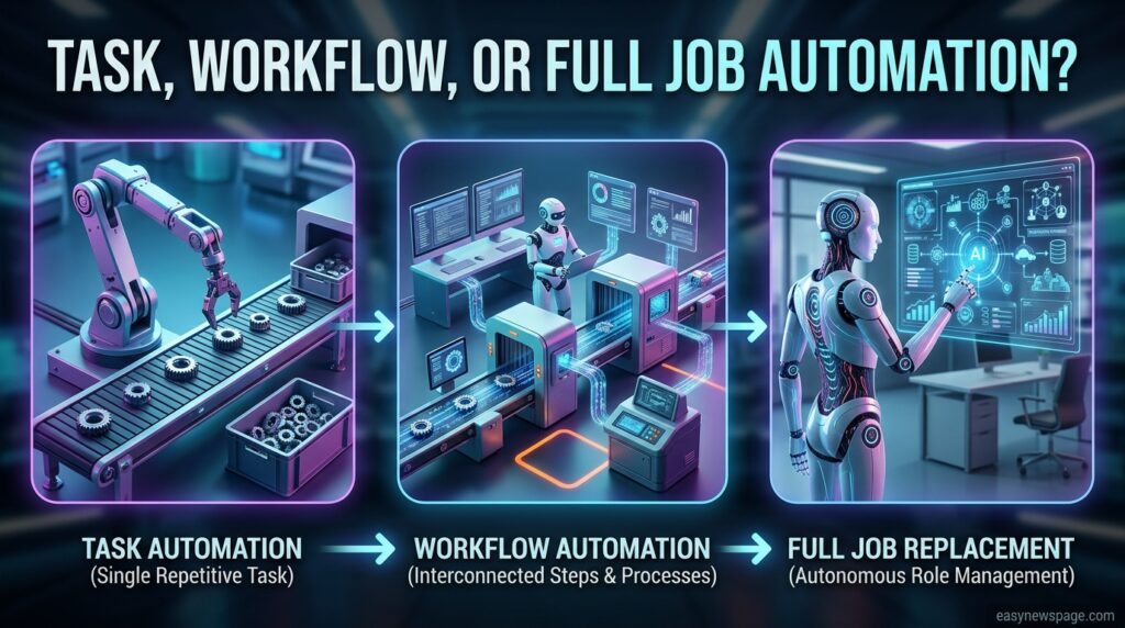 Infographic showing task, workflow, and full job automation levels 