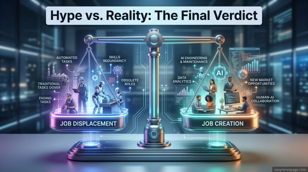 Balanced scale infographic comparing AI job displacement and job creation