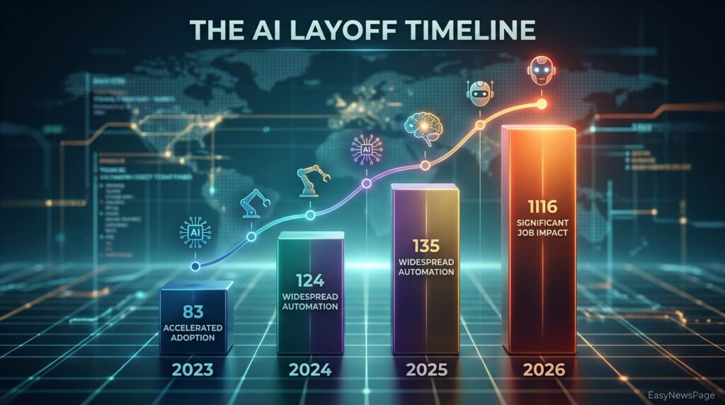 Timeline chart of AI-cited layoffs rising from 2023 to 2026