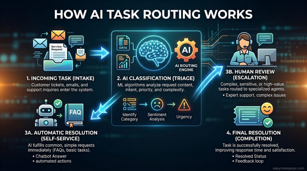 Infographic showing AI task routing between automated resolution and human review 