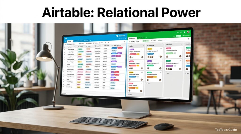 Airtable relational database grid view on a desktop monitor