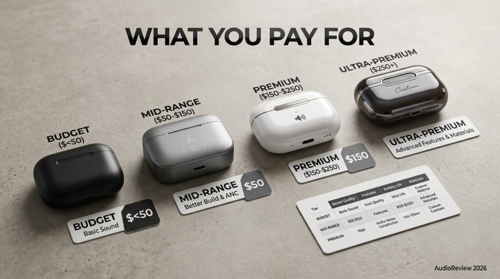 Flat lay of wireless earbuds with price tags representing pricing tiers