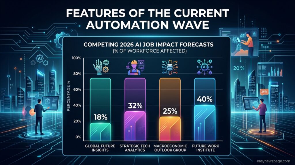 Bar chart comparing competing 2026 forecasts on AI job automation impact 