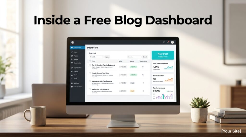 Free blogging platform dashboard showing posts list and analytics 