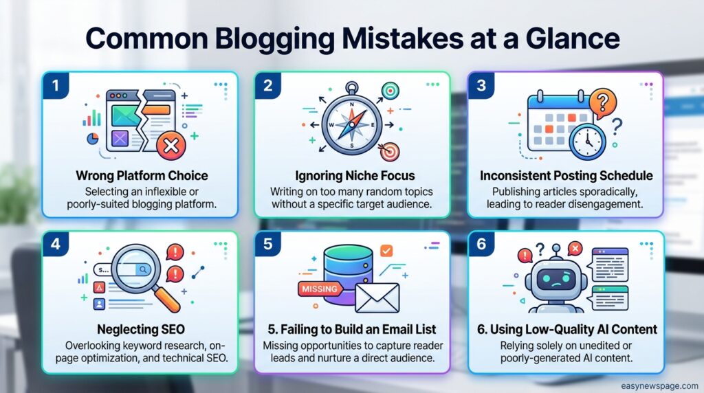 Infographic summarizing the most common blogging mistakes beginners make