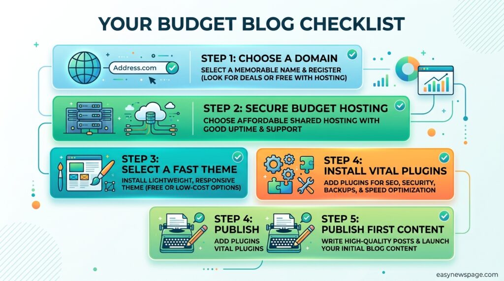 Checklist infographic summarizing the steps to start a blog on a budget