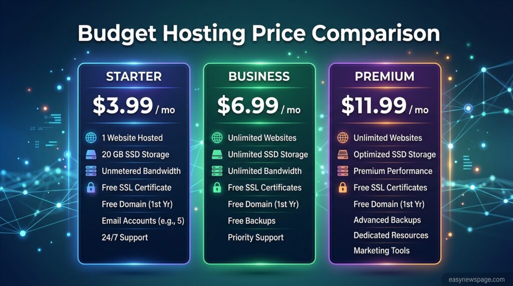 Infographic comparing budget web hosting price tiers for new bloggers 