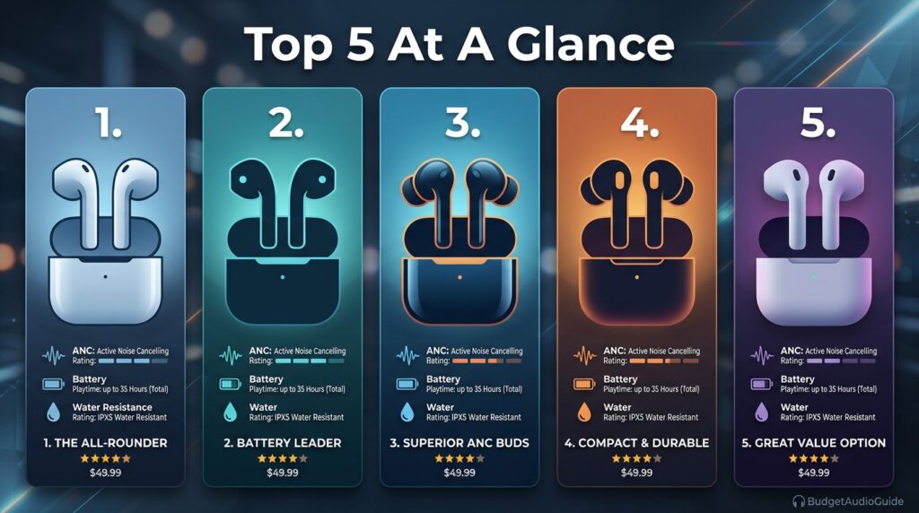 Infographic summarizing the top 5 budget wireless earbuds under $100 