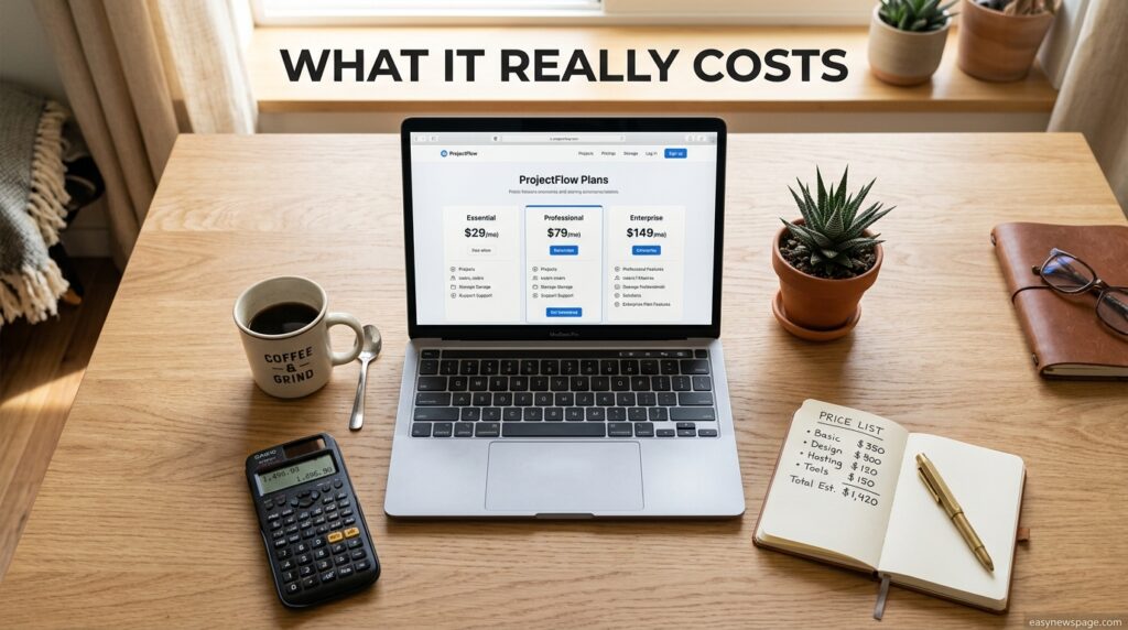 Flat-lay of a calculator and notepad representing blogging tool pricing comparison 