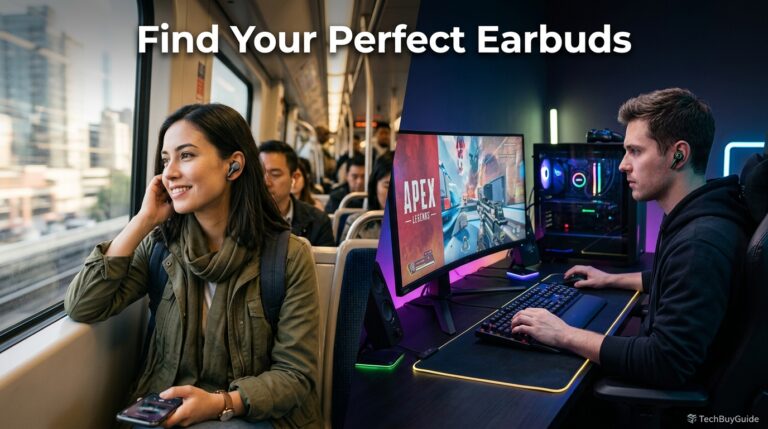 Split scene showing a commuter and a gamer both wearing wireless earbuds.