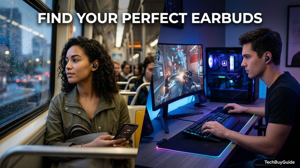 Split scene showing a commuter and a gamer both wearing wireless earbuds.
