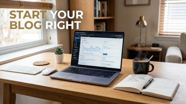 Laptop showing a blog dashboard on a desk, representing how to start a blog with the right tools