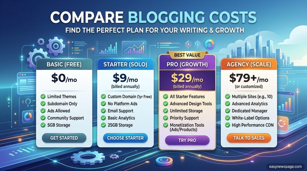 Pricing comparison chart for blogging platforms on easynewspage.com 
