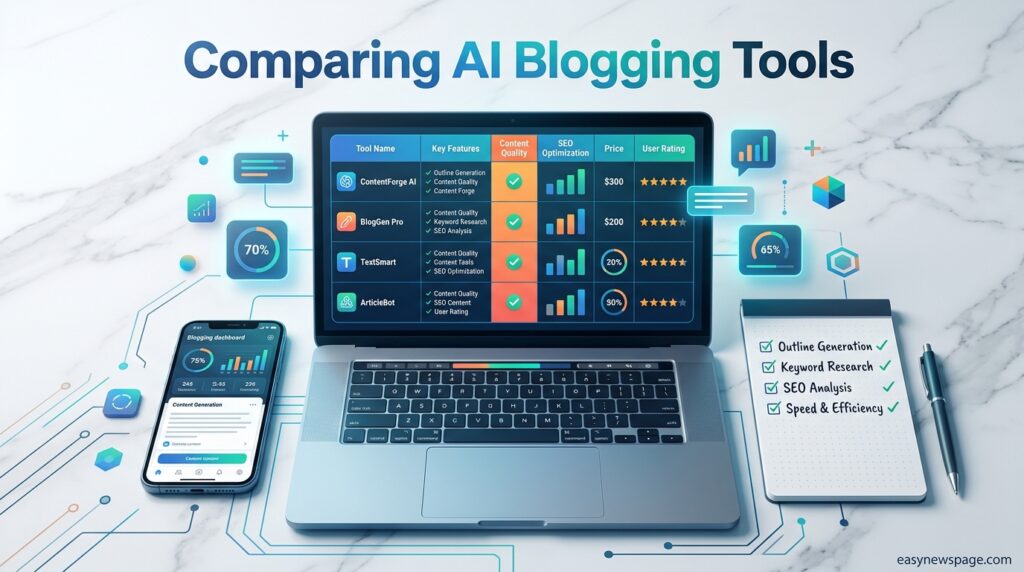 Laptop showing a comparison table of AI blogging tools 