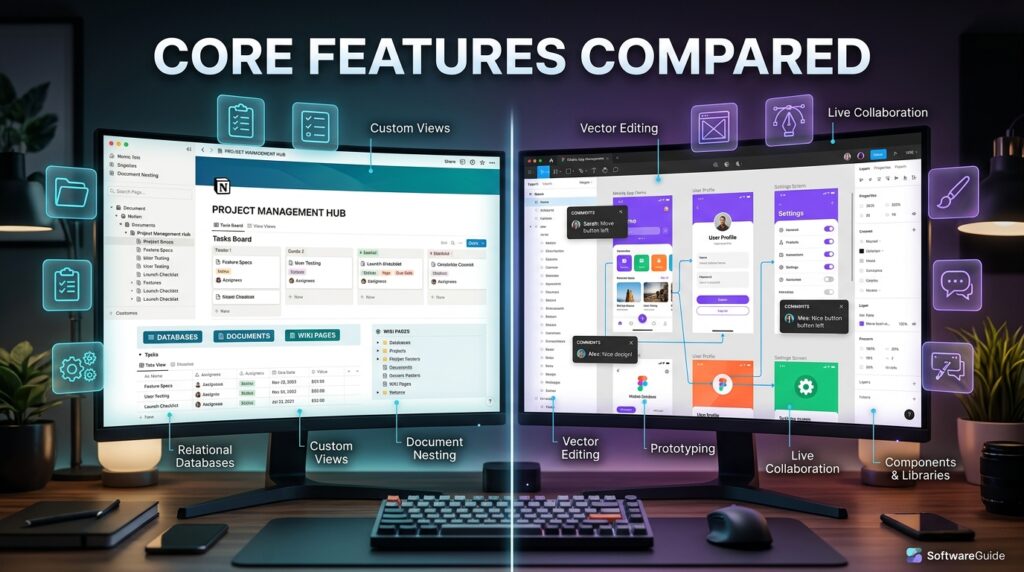 Infographic comparing Notion database features and Figma design features