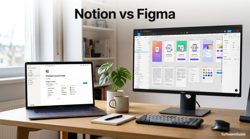 Split desk setup comparing Notion workspace and Figma design canvas