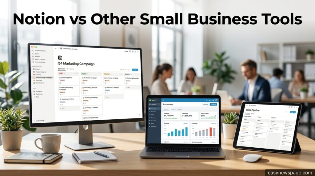 Comparison of Notion and other small business software tools on multiple screens