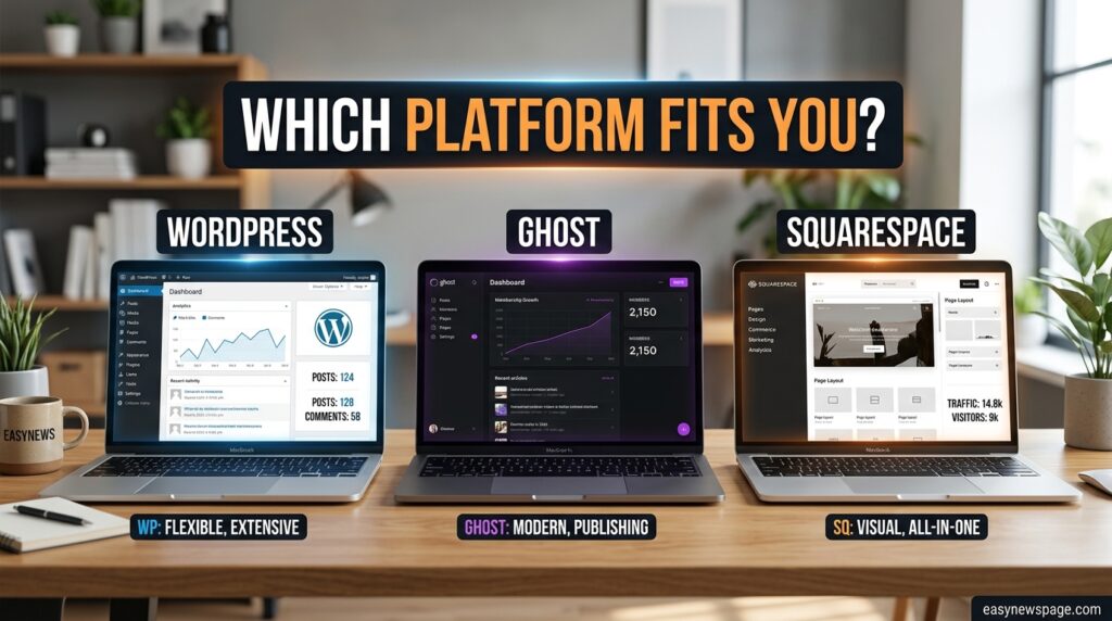 Side-by-side comparison of three blogging platform dashboards on screens