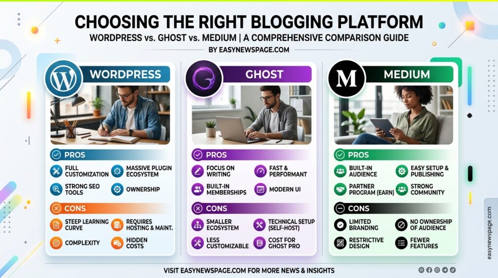 Infographic comparing WordPress, Ghost, and Medium blogging platforms 