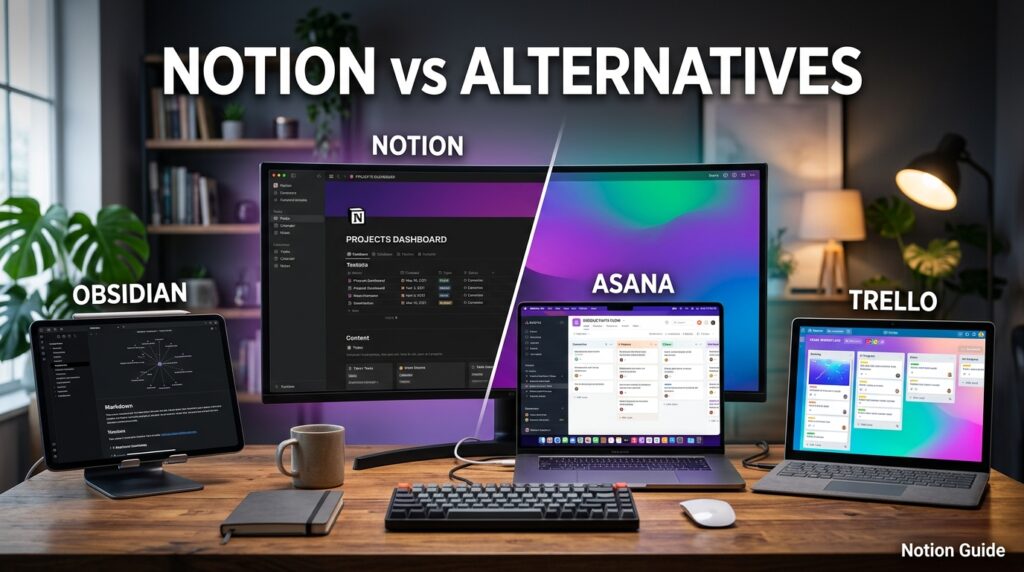 Comparison of Notion against alternative productivity tools on separate screens 