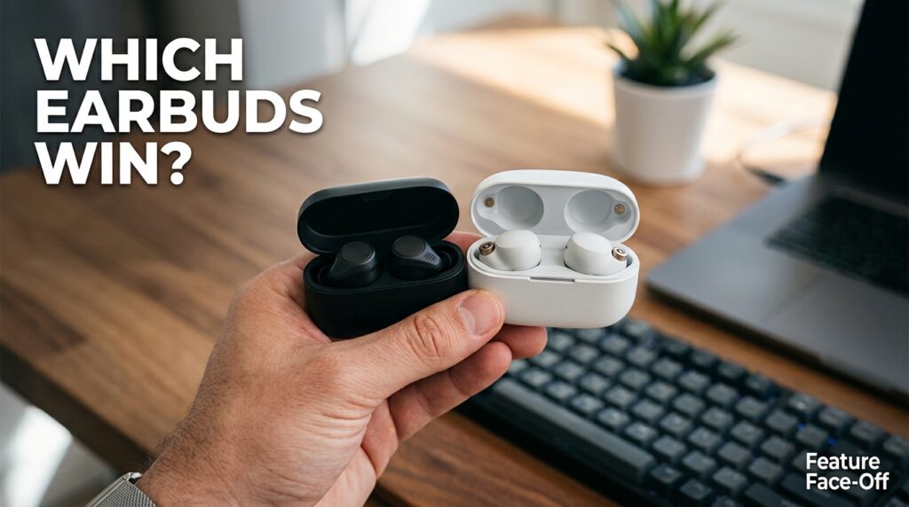 Comparing two wireless earbud cases side by side to evaluate features 