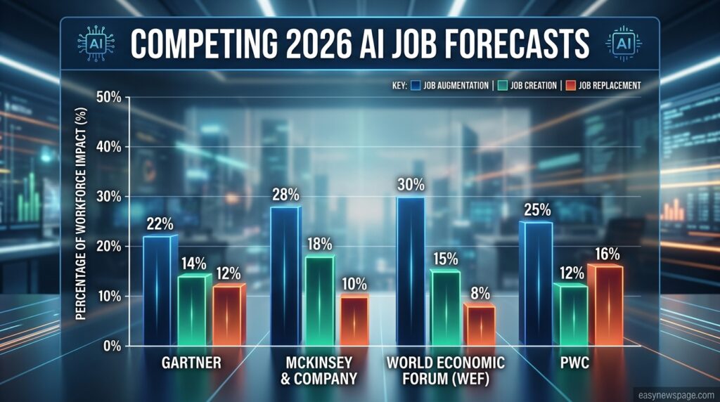 Bar chart comparing competing 2026 forecasts on AI job automation impact 