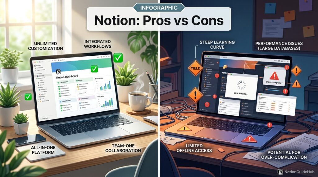 Split infographic showing Notion advantages versus disadvantages 