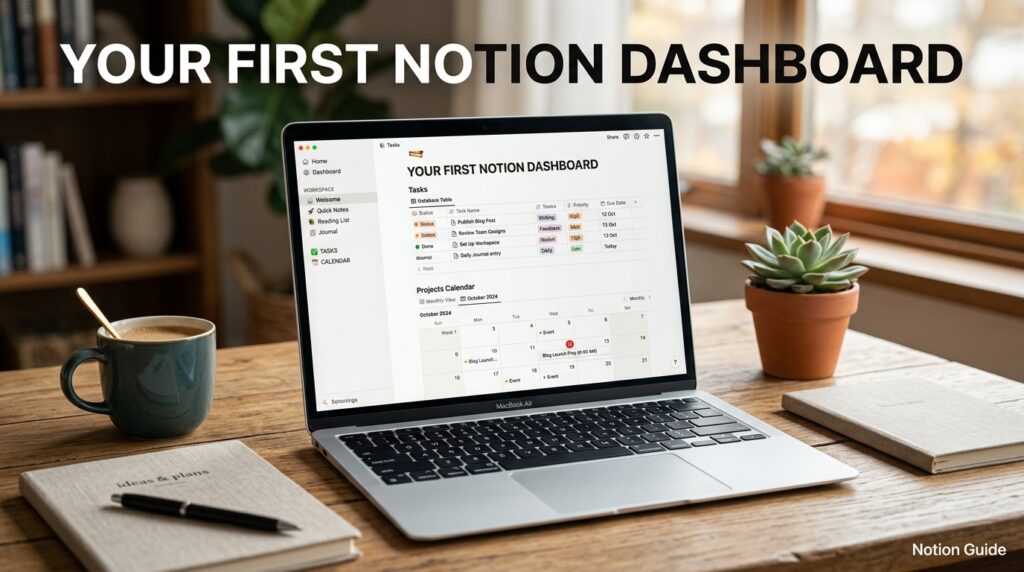 Notion dashboard example showing sidebar, tasks, and calendar for beginners