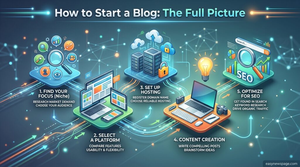 Full-process infographic on how to start a blog, from easynewspage.com 
