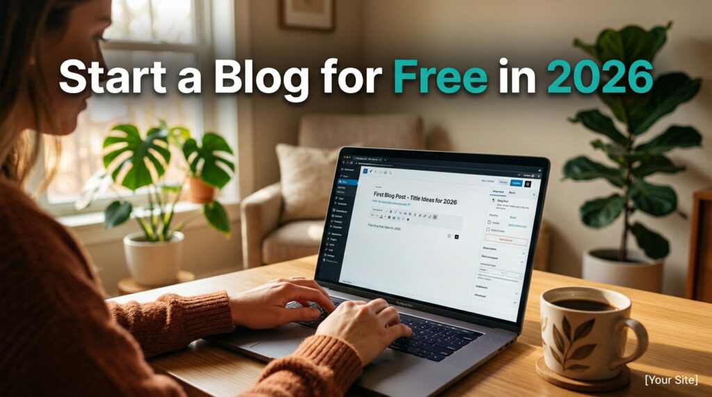 Laptop showing a free blog editor open on a cozy home desk