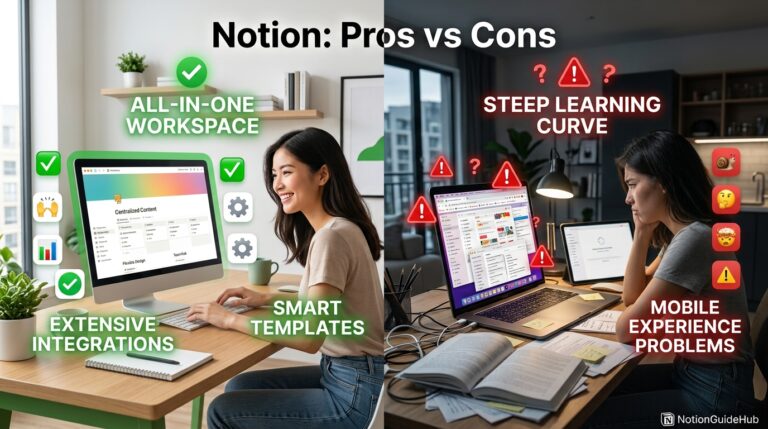 Split infographic showing Notion advantages versus disadvantages