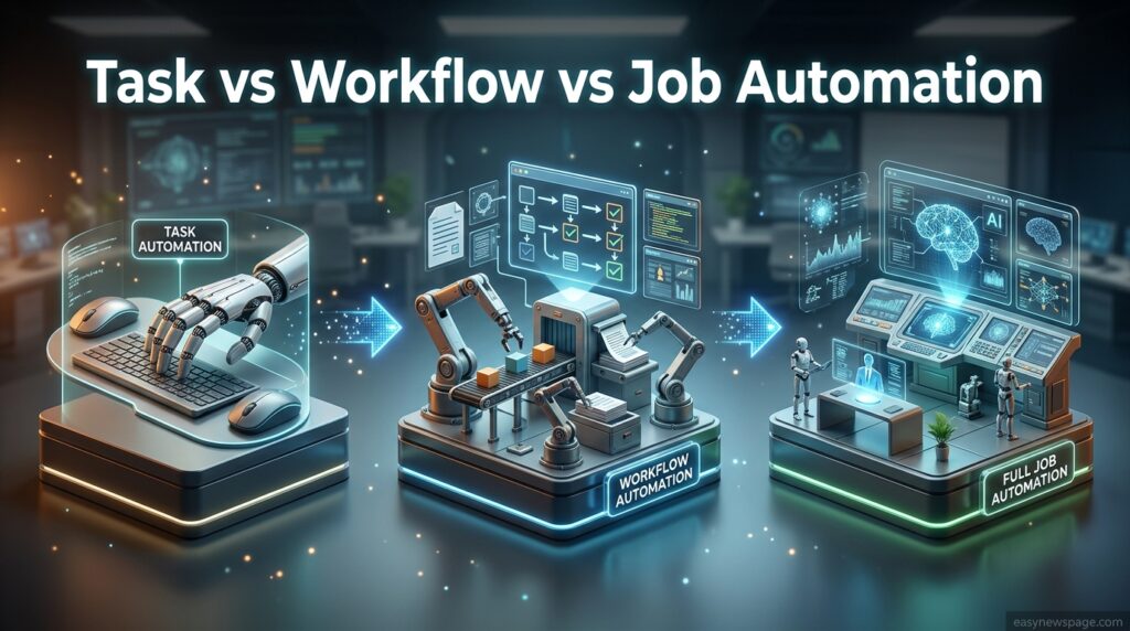 Infographic showing task automation, workflow automation, and full job automation tiers 