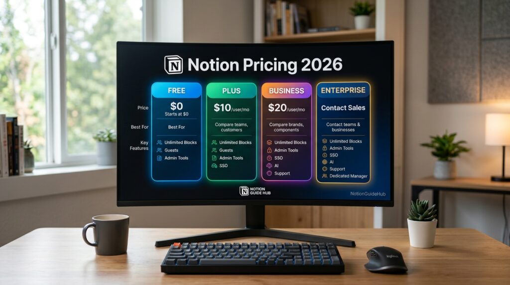Notion 2026 pricing plans displayed on a digital screen
