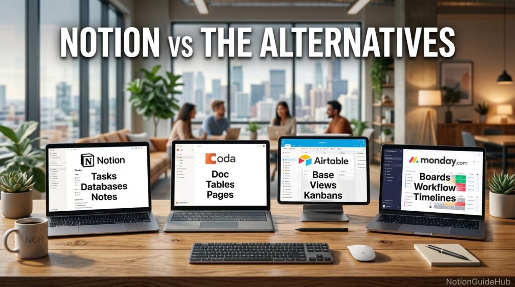 Side-by-side comparison of Notion and alternative productivity tool interfaces 
