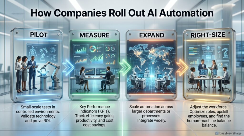 Four-step diagram of how companies roll out AI automation internally 