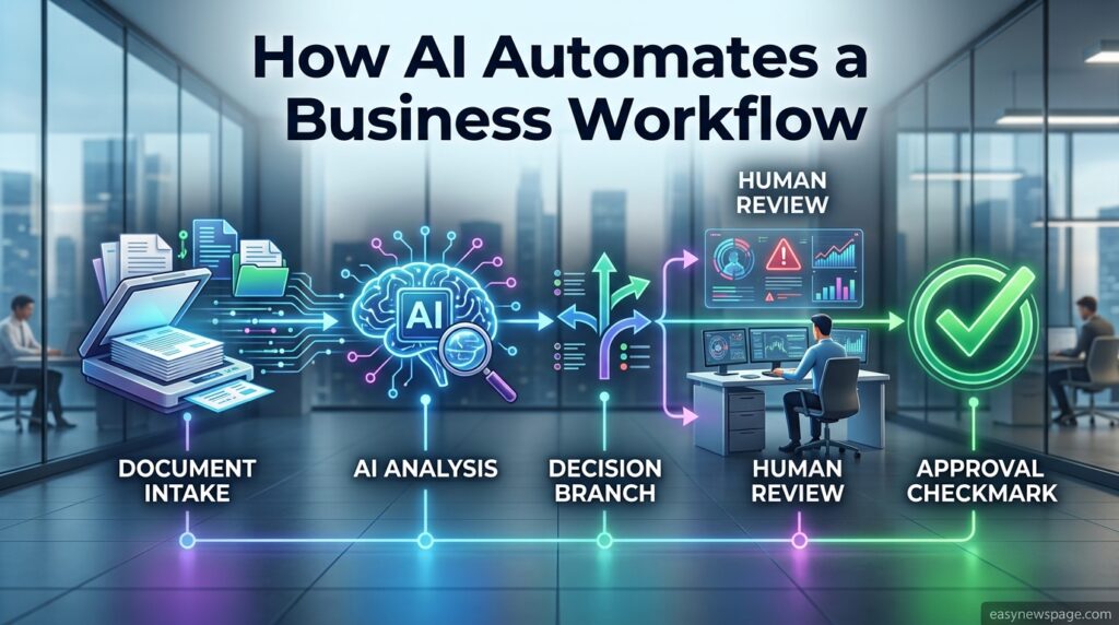 Workflow diagram showing AI automating an insurance claims process 
