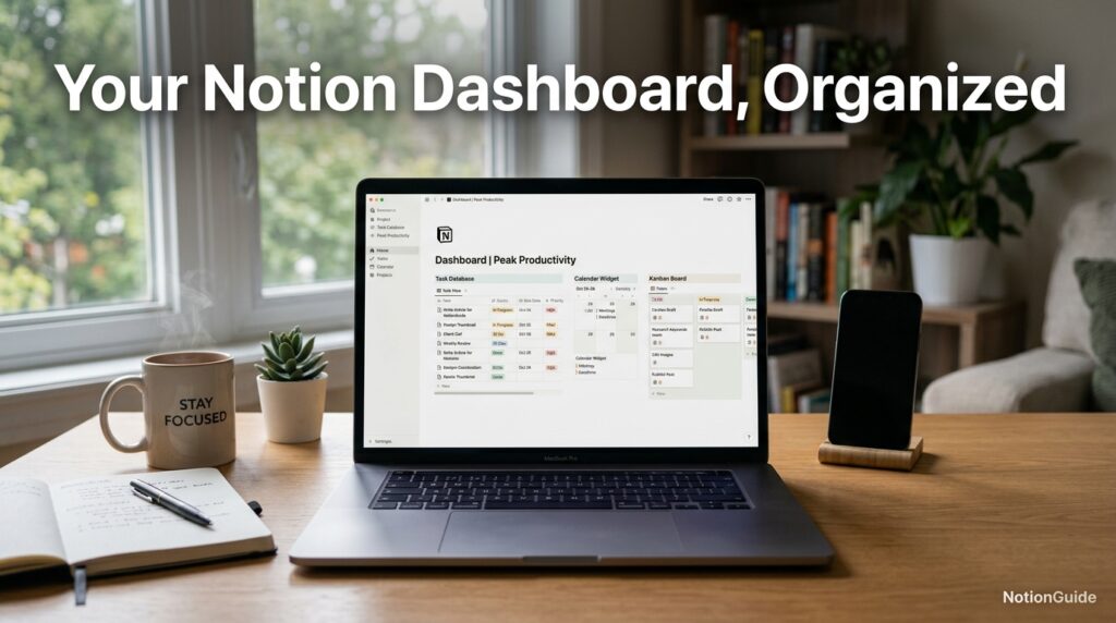 Notion dashboard on laptop showing kanban board and calendar 