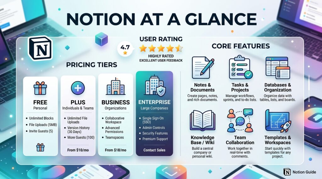 Infographic summarizing Notion pricing tiers, rating, and core features Title: Notion Summary Infographic