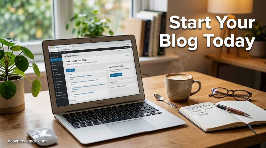 Laptop showing a blog dashboard on a desk, guide to starting a blog on easynewspage.com 