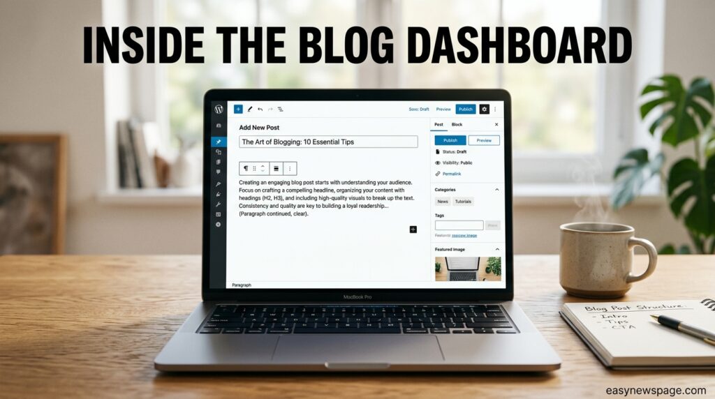 Blog post editor dashboard interface shown on easynewspage.com guide