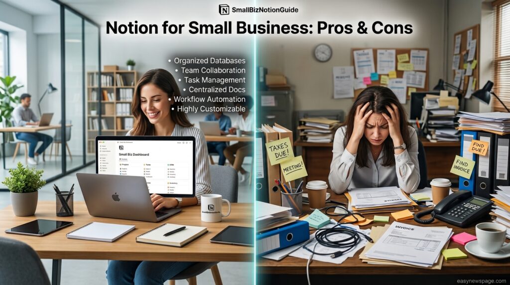 split image comparing organized Notion workspace to cluttered paper desk 