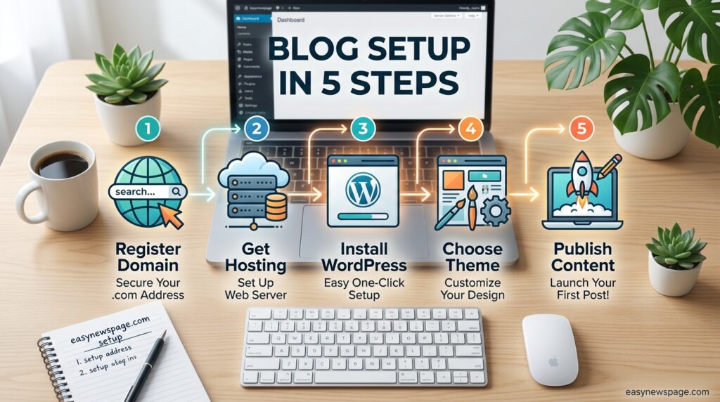 Infographic showing the five steps to set up a blog, from easynewspage.com 