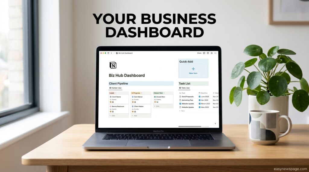 Simplified Notion business dashboard with tasks and client pipeline 