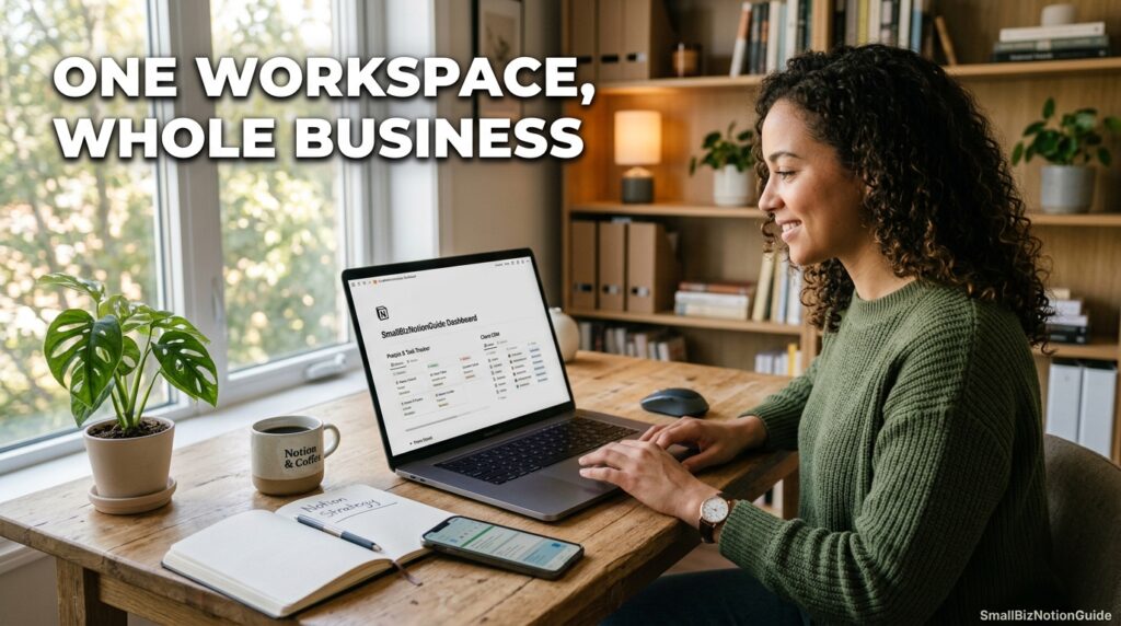Small business owner managing connected Notion databases on a laptop