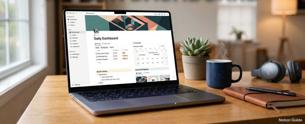Notion dashboard example showing sidebar, tasks, and calendar for beginners