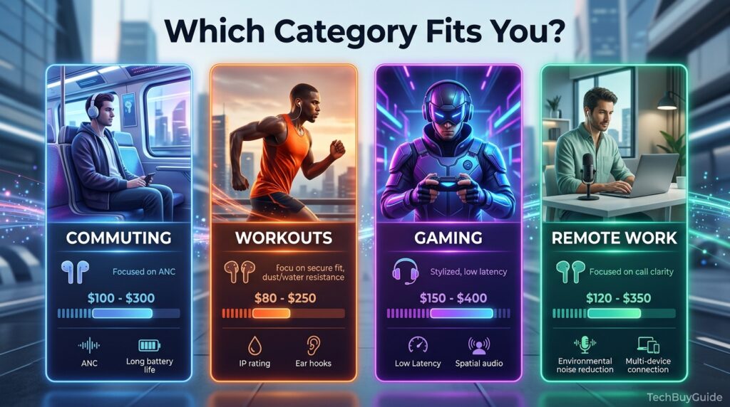 Infographic comparing wireless earbud categories for commuting, workouts, gaming, and remote work