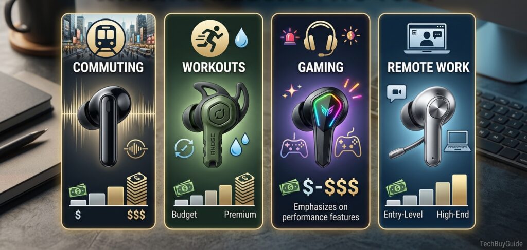 Infographic comparing wireless earbud categories for commuting, workouts, gaming, and remote work